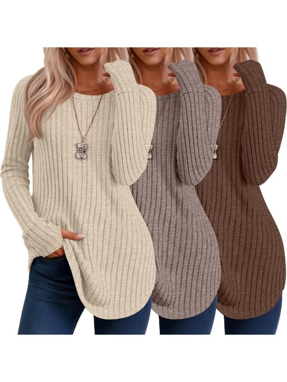 Cozy 3-Pack Women's Long Sleeve Sweaters with Thumb Holes - Tunic Tops Set